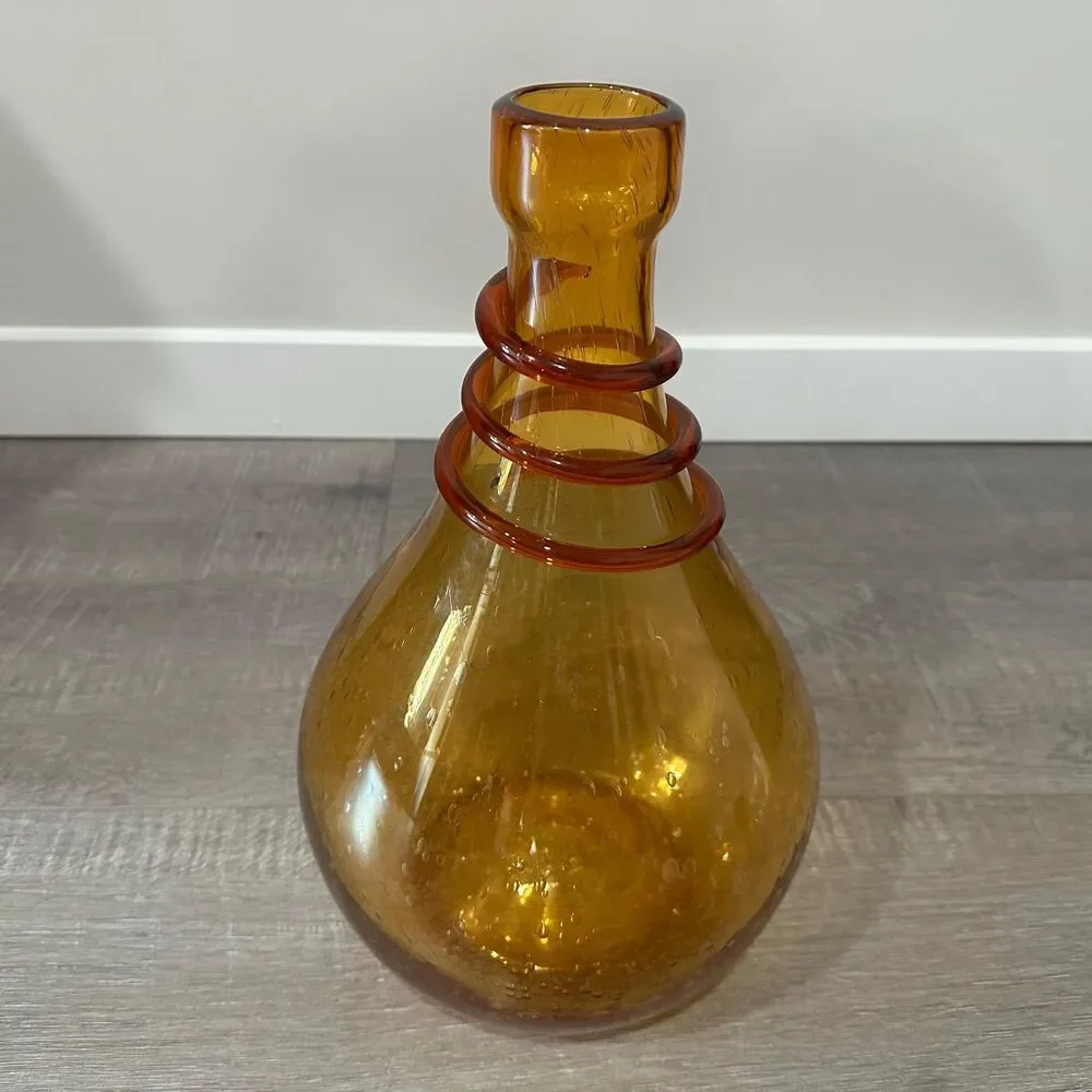 MCM Amber Thick Glass Bulbous Bottle Jug Vase Hand Blown Statement Centerpiece